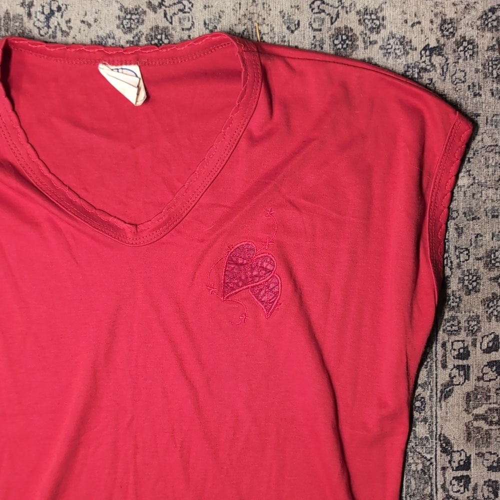 Red V-Neck Top with Valentine's Heart Leaf Embroidery